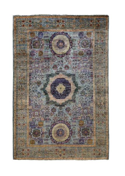 Green and Blue Wool Persian Rug Tabriz Pattern 4 x 6