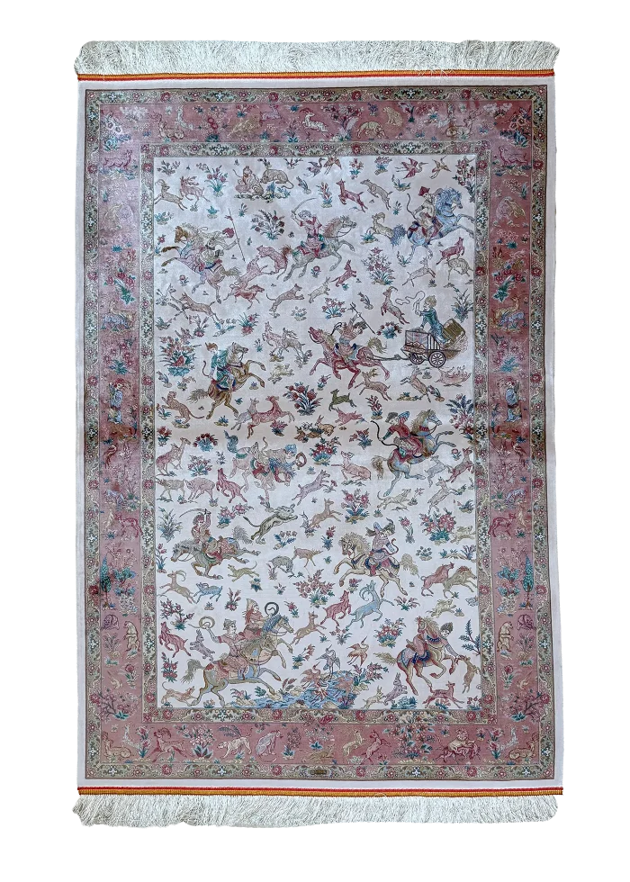 Beige and White Persian Rug Hunting Pattern 4 x 6