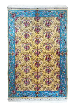Yellow and Blue Persian Rug Rose Pattern 5 x 8