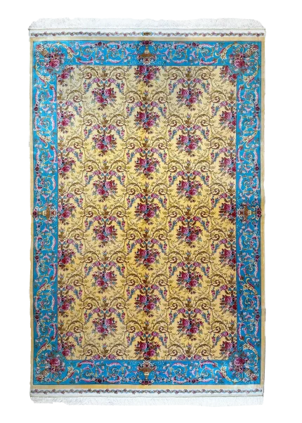 Yellow and Blue Persian Rug Rose Pattern 5 x 8