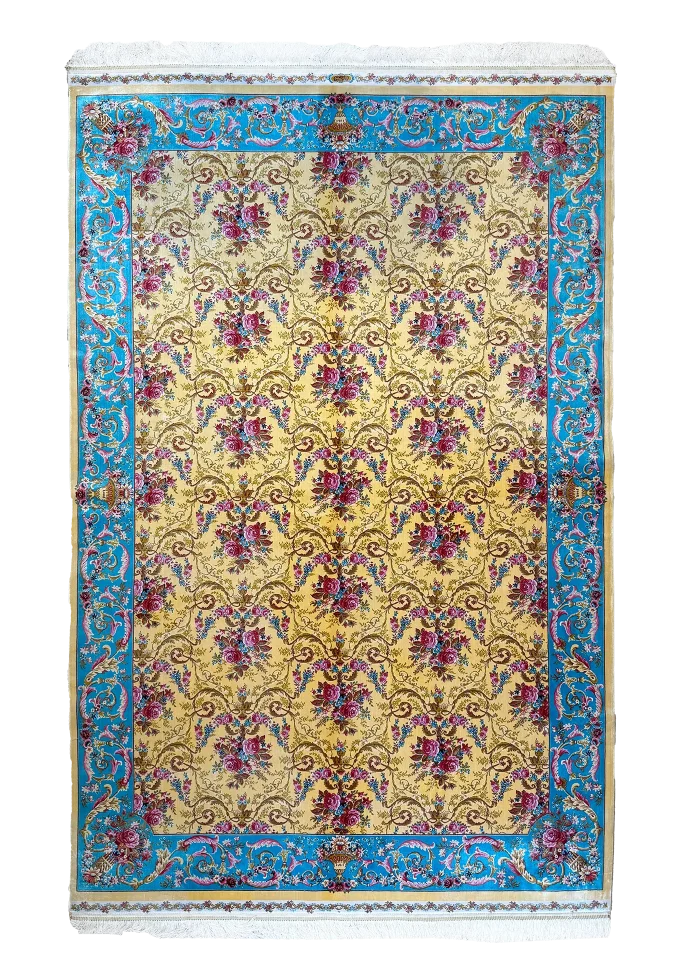 Yellow and Blue Persian Rug Rose Pattern 5 x 8