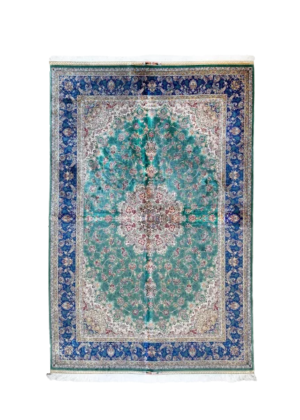Green and Navy Blue Persian Rug Shah Abbasi Pattern 5 x 8