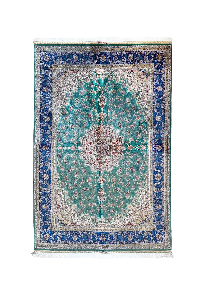 Green and Navy Blue Persian Rug Shah Abbasi Pattern 5 x 8