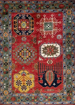 Orange and Green Wool Persian Rug Qashqai Pattern 4 x 6