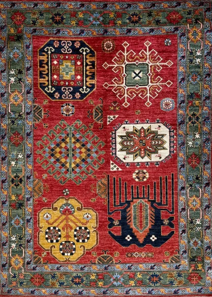 Orange and Green Wool Persian Rug Qashqai Pattern 4 x 6