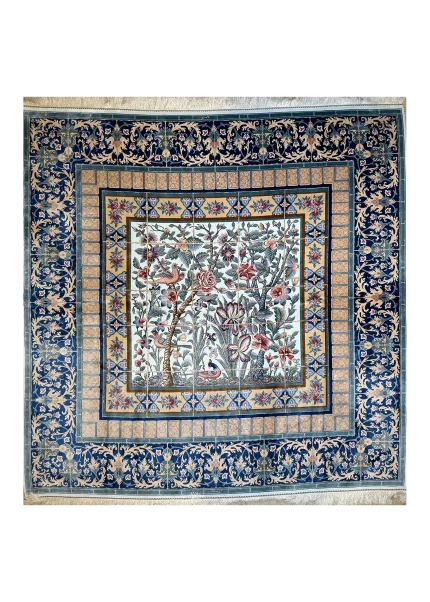 Blue and Beige Persian Rug Bird Garden Pattern 7 x 7
