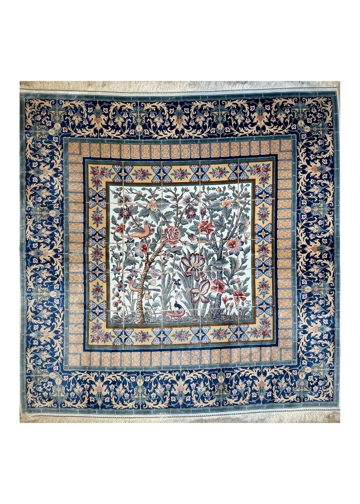 Blue and Beige Persian Rug Bird Garden Pattern 7 x 7