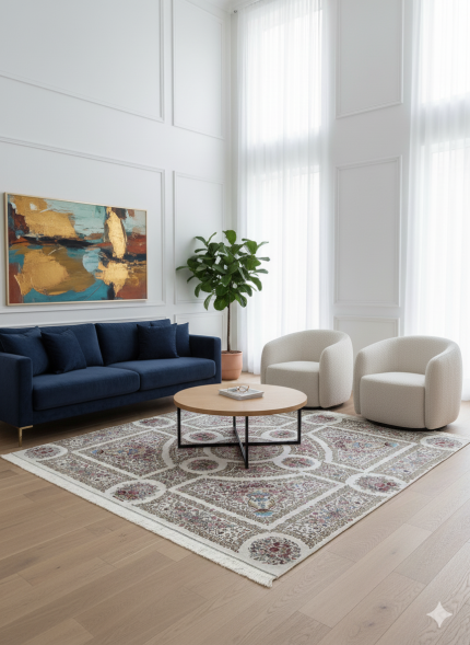 Beige and Pink Persian Rug Thousand Flowers Pattern 7 x 7