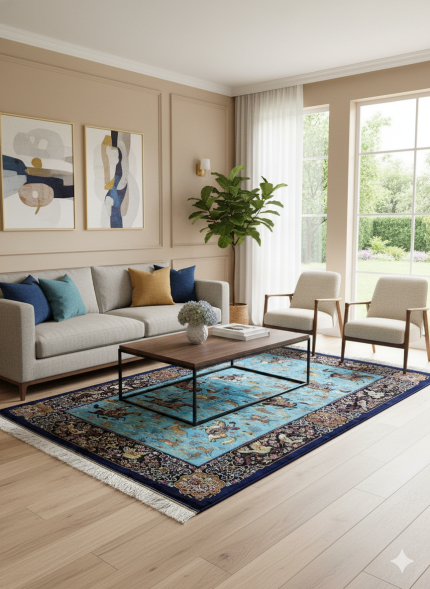 Blue and Navy Blue Persian Rug Hunting Pattern 4 x 6