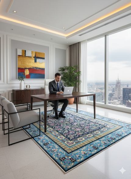 Black and Blue Persian Rug Bird Garden Pattern 5 x 8