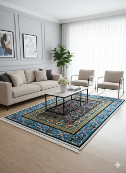 Black and Blue Persian Rug Bird Garden Pattern 3 x 5