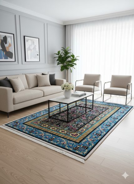 Black and Blue Persian Rug Bird Garden Pattern 3 x 5