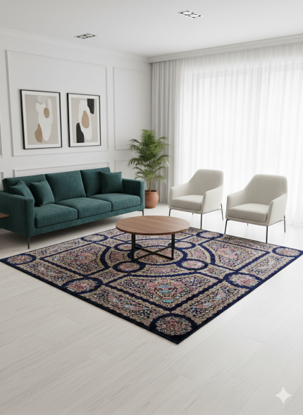 Blue and Pink Persian Rug Thousand Flowers Pattern 7 x 7