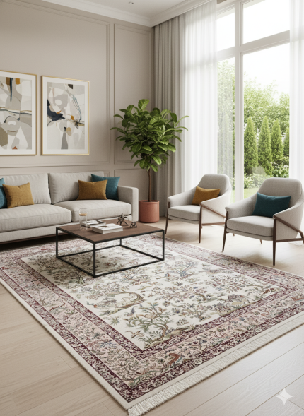 Beige and Pink Persian Rug Hunting Pattern 7 x 9