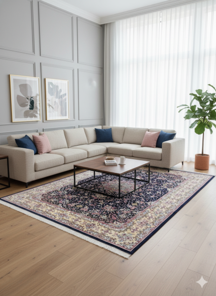 Blue and Pink Persian Rug Shah Abbasi Pattern 7 x 9