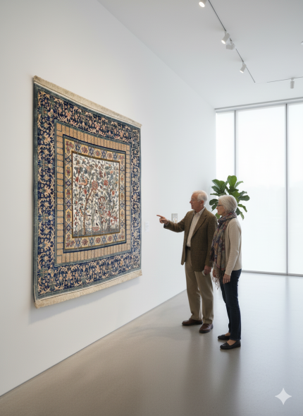 Blue and Beige Persian Rug Bird Garden Pattern 7 x 7