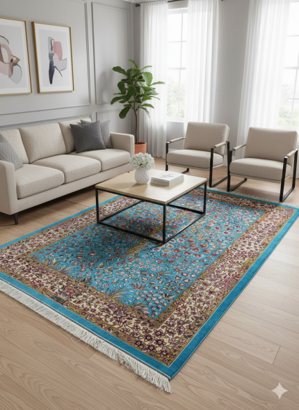 Blue and Beige Persian Rug Bird Garden Pattern 3 x 5