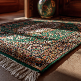 The History and Artistry of Green Persian Rugs An ornate green Persian rug, featuring a classic circular design and detailed traditional patterns. Photo by Afra Rugs