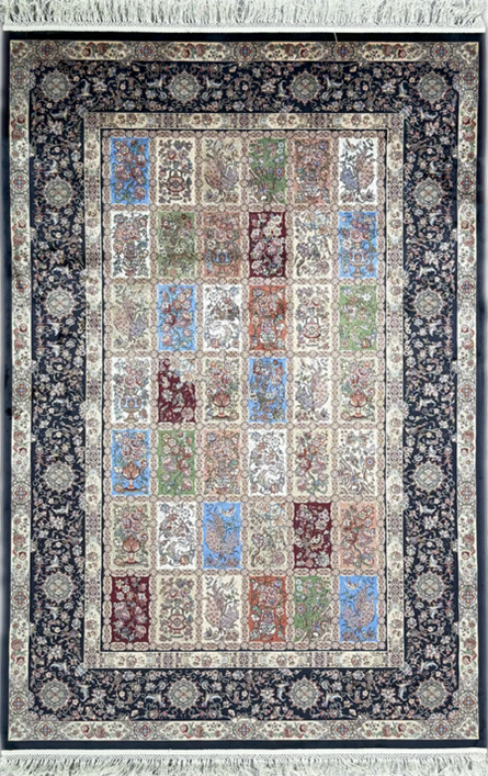 Why a Black Persian Rug Elevates Industrial Interior Design? A stunning black Persian rug with a tile pattern, adding timeless elegance to any industrial space – Black Silk Persian Rug Tile Pattern