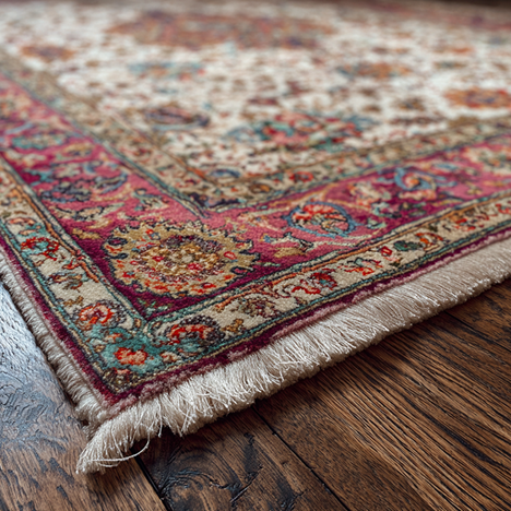 Close-up on the stunning border of a pink silk Persian rug, showcasing its intricate patterns and soft fringe. A blend of tradition and beauty. Photo by Afra Rugs