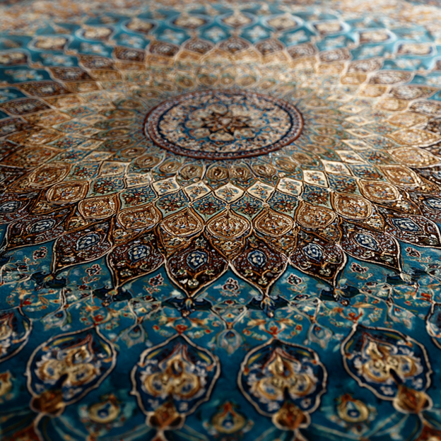 The Enduring Artistry of High End Rugs Close-up on a luxurious silk Persian rug, showcasing its vibrant blue and gold palette and complex, symmetrical motifs that draw the eye into its rich design. Photo by Afra Rugs