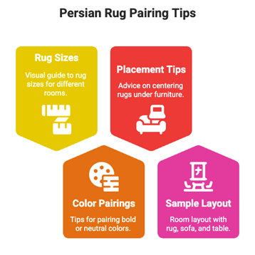 This infographic illustrates key tips for pairing Persian style rugs with modern furniture. It includes a visual guide to sizes (e.g., 8x10 Persian rug for living rooms), color pairings (bold vs. neutral), and placement tips (e.g., centering under furniture). A sample room layout shows a Persian style rug anchoring a modern sofa and coffee table, with a color palette highlighting vibrant and subtle tones. Infographic by Afra Rugs.