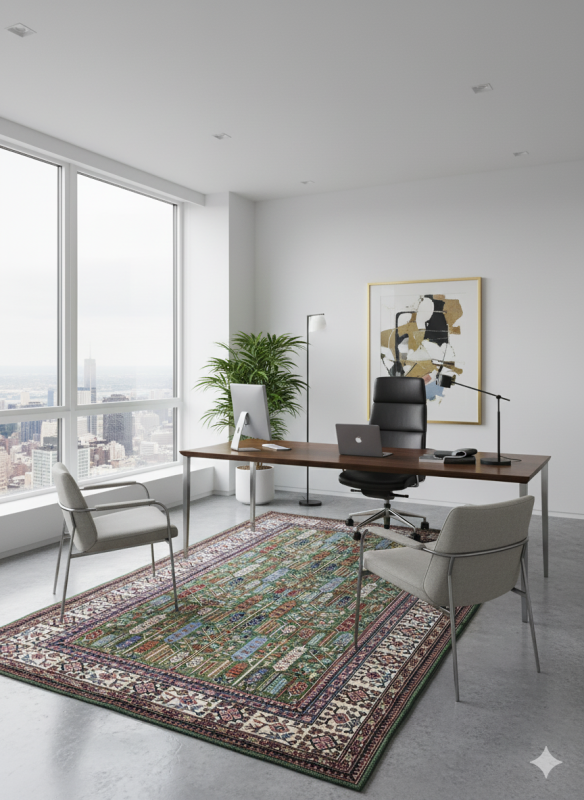 Green and Brown Wool Persian Rug Kashan Pattern 7 x 9