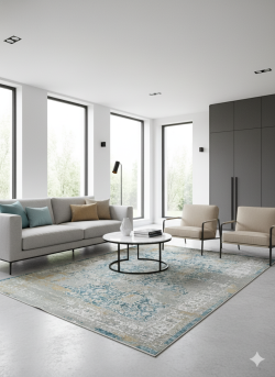 Blue and Beige Silk Persian Rug Harmony Pattern 7 x 9