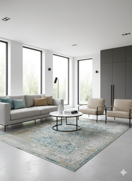 Blue and Beige Silk Persian Rug Harmony Pattern 7 x 9