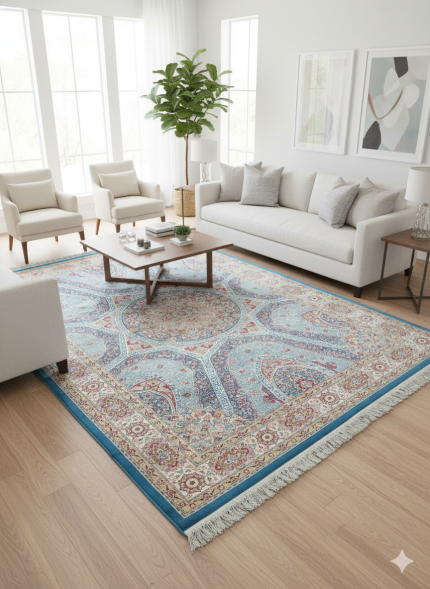 Blue and Pink Silk Persian Rug Faraz Pattern 7 x 9