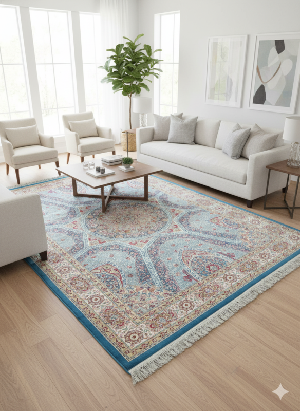 Blue and Pink Silk Persian Rug Faraz Pattern 7 x 9