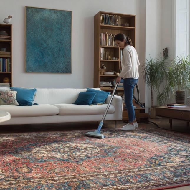 A red Persian style rug glows with vacuuming, preserving its charm.