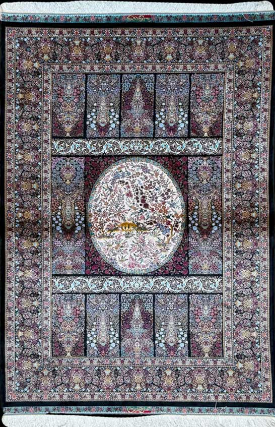 A luxurious Persian style rug with a high pile, featuring a bold tile pattern in black and pink hues.