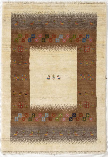 Beige and Brown Handmade Gabbeh Wool Persian Rug 3x5, Warm Accent Rug for Home Decor