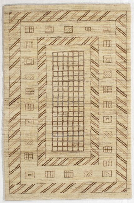 Beige and Brown Handmade Gabbeh Wool Persian Rug 4x6, Modern Accent Rug for Home Decor