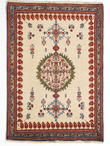 Beige and Red Handmade Gabbeh Wool Persian Rug 3x5, Artistic Accent Rug for Home Decor