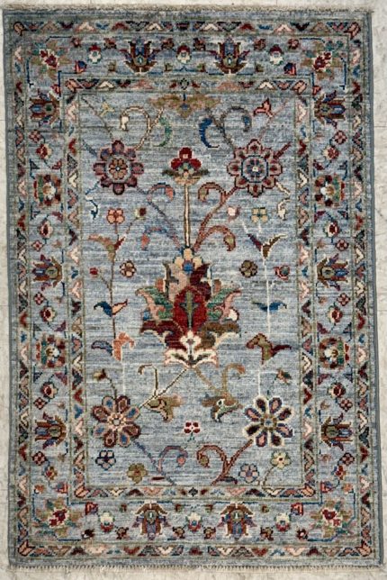 Blue and Brown Handmade Wool Persian Style Area Rug 2x3, Floral Accent Rug