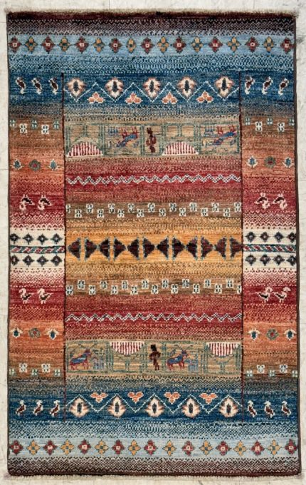 Blue and Orange Handmade Wool Persian Style Area Rug 2x3, Geometric Tribal Accent Rug