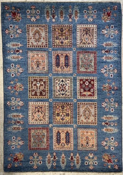 Blue and Orange Handmade Wool Persian Style Area Rug 3x5, Geometric Patchwork Accent Rug