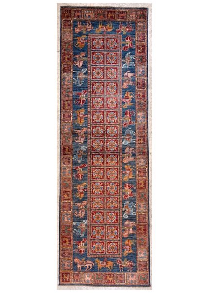 Blue and Red Handmade Wool Persian Style Runner Rug 3x8, Tile Pattern Hallway Rug