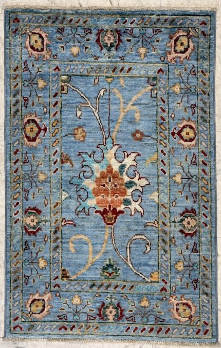 Blue and Yellow Handmade Wool Persian Style Area Rug 2x3, Floral Rug