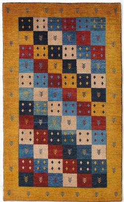 Brown and Navy Blue Handmade Gabbeh Wool Persian Rug 4x6, Colorful Accent Rug for Home Decor