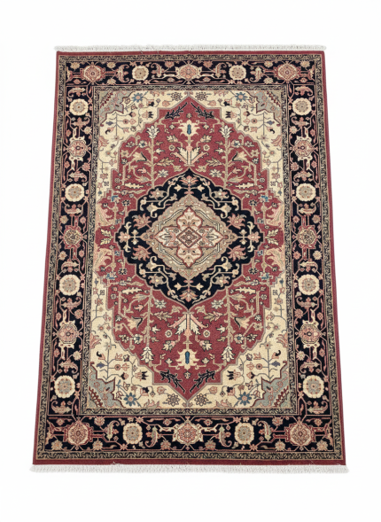 Handmade Red and Beige Persian Style Rug Heriz Pattern 7 x 9