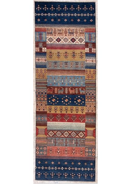 Orange and Blue Handmade Wool Persian Style Runner Rug 3x8, Geometric Tribal Hallway Rug