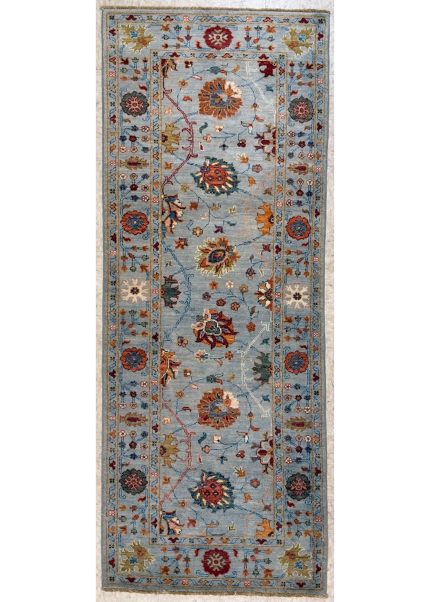 Blue and Orange Handmade Wool Persian Style Runner Rug 3x6, Floral Hallway Area Rug