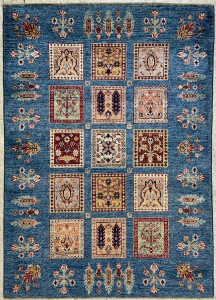 Hand-Knotted Blue and Beige Wool Persian Style Rug 3 x 5 Geometric Square Motif Area Rug