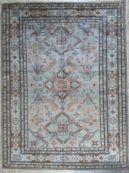 Hand-Knotted Blue and Orange Wool Persian Style Rug 5 x 7 Traditional Geometric Area Rug