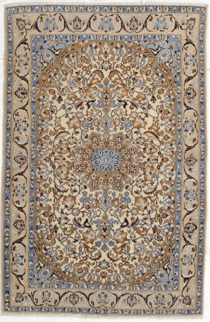 Handmade Beige and Blue Wool Persian Style Rug 4 × 6