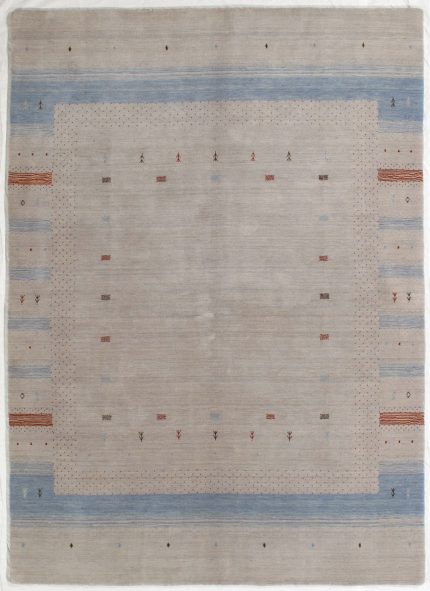 Handmade Gabbeh Beige and Blue Persian Style Rug Minimalist Gabbeh Border Design 5 x 8