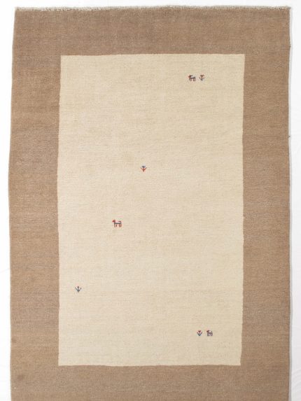 Handmade Gabbeh Beige and Brown Persian Style Rug Minimalist Border Design 7 x 10